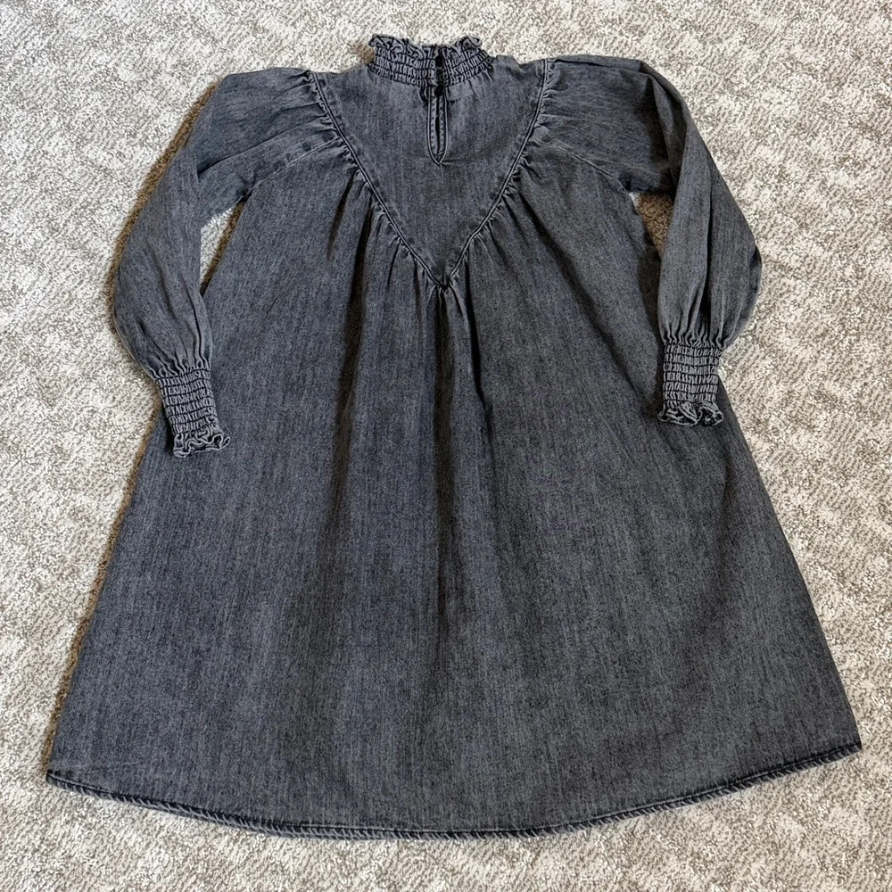 Petite Amalie Girls’ Black Wash Chambray Shirred Neck Babydoll Dress—5Y